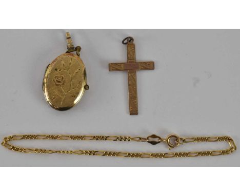 A 9ct yellow gold fine link bracelet, length approx 18cm, a 9ct yellow gold cross pendant, approx 2.5 x 1.5cm, and a yellow m
