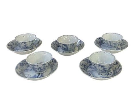 A set of five 19th century Chinese Export porcelain blue and white decorated tea bowls and saucers, diameter of saucers 10cm,