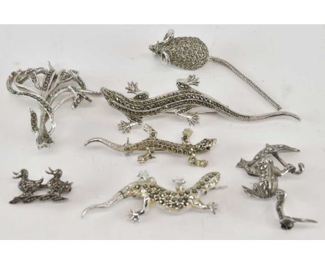 Three 925 silver and marcasite brooches, one modelled as a lizard, length 7.5cm, the other as a frog with umbrella, length 4.