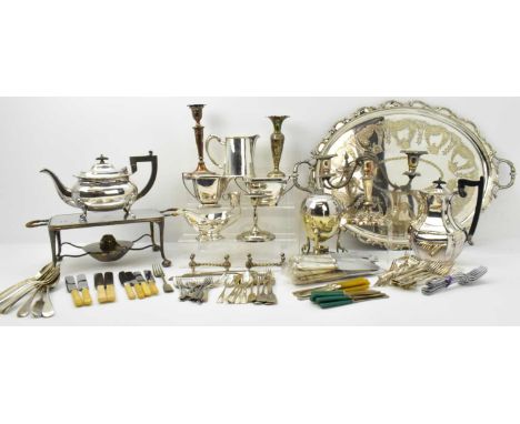 A quantity of various silver plated items, including a large oval tray, with shaped edge and two handles, length 66cm, a cand