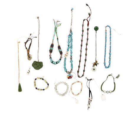 A group of jade, nephrite jade and other carved hardstone costume jewellery, also two turquoise and white metal set necklaces