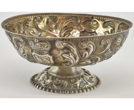 An Indian white metal footed pedestal bonbon dish, diameter of bowl 11.5cm, height 5.5cm, approx 3.9ozt/121.5g.