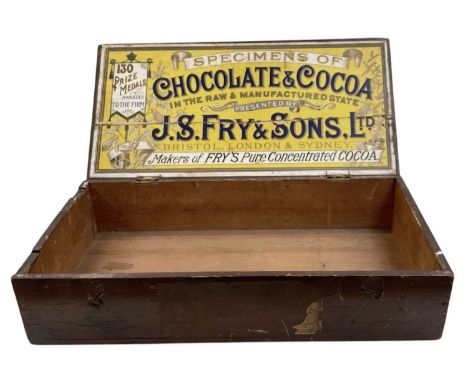 FRY'S CHOCOLATE; an empty wooden box, 'Specimens of Chocolate &amp; Cocoa', presented by J S Fry &amp; Sons Ltd, with paper l