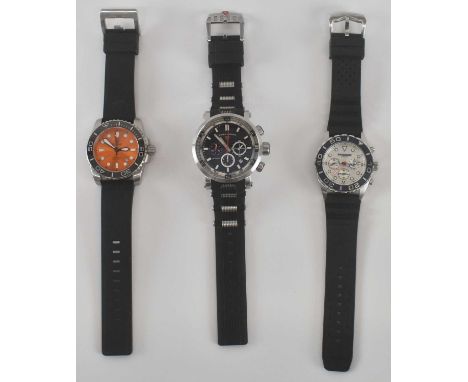 Three modern gentleman's designer wristwatches including 'Deep Blue Searam 500m/1650', the orange dial set with luminescent h
