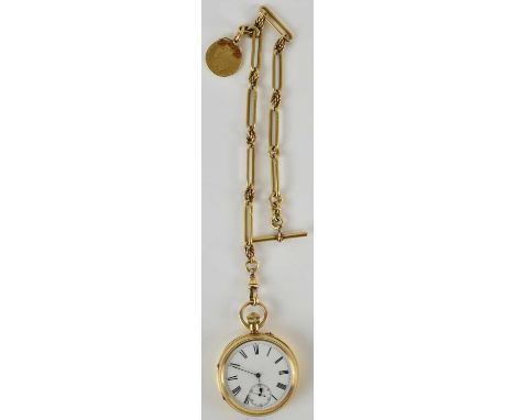 J KINSTLEY; a late 19th century 18ct yellow gold open faced pocket watch, the white enamel dial set with Roman numerals and s
