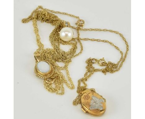 Three 9ct gold dainty necklaces with hoop fasteners, each with a pendant attached to include a simulated pearl, double locket