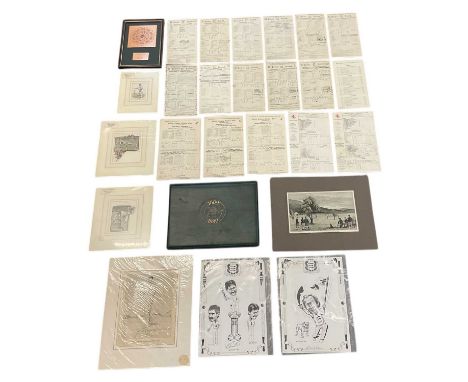 CRICKET INTEREST; a collection of engravings, signed photographs and score cards including aquatint print 'Cricket match at B