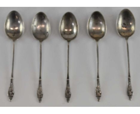 JAMES DEAKIN &amp; SONS; a set of five George V hallmarked silver apostle teaspoons, Sheffield 1920, combined weight 1.73ozt/