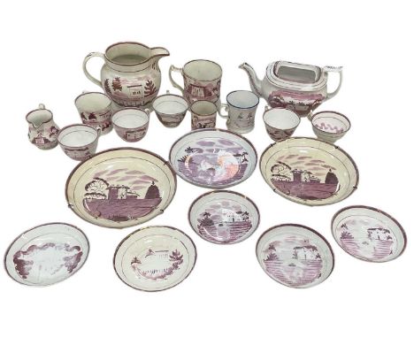 A collection of 18th century and later pink lustrewares, comprising large mug, teapot (lacking lid), (af), larger jug, three 