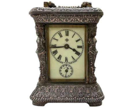ANSONIA CLOCK CO; an early 20th century American silver plated cased carriage clock, the white enamel dial set with Roman num