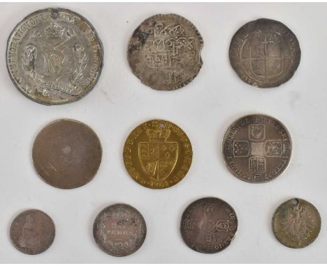 A George III 1745 shilling, Queen Victoria Diamond Jubilee commemorative medallion, 1897, two dirham coin, Elizabeth I 1594 s