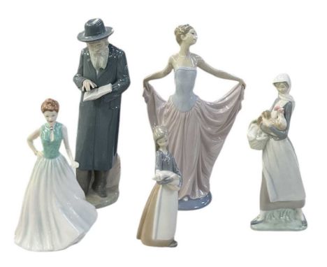 LLADRO; three ceramic figures including a female figure carrying a basket and chicken, a figure holding a pig, a female dance