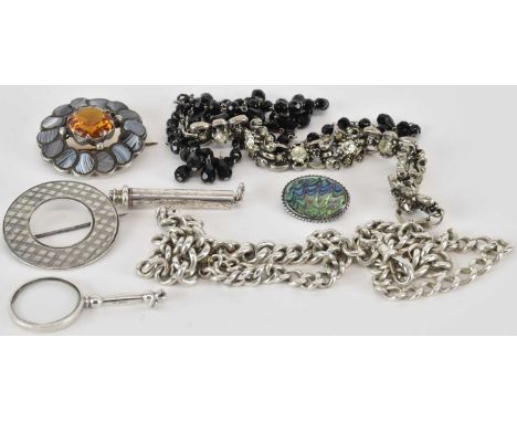 A group of mixed, modern and vintage costume jewellery including silver chain, silver brooch, etc.