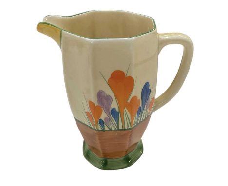 CLARICE CLIFF; an early 20th century hand painted Bizarre 'Crocus' pattern jug, height 15cm.