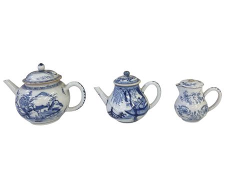 A Chinese Export ware blue and white porcelain teapot, height 12.5cm, a further 19th century Chinese blue and white teapot, (