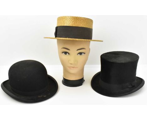 Vintage hats, comprising a Christys' London Smith &amp; Rawson straw hat with black ribbon, size 6 7/8, a Sunfield London top