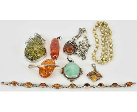 A small collection of mostly amber and silver set jewellery to include necklace, pendants, various shapes, size and colours, 