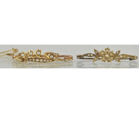 A 15ct gold bar brooch set with tiny seed pearls, length 3.5cm, approx 3.4g, also a gold coloured metal brooch with floral se