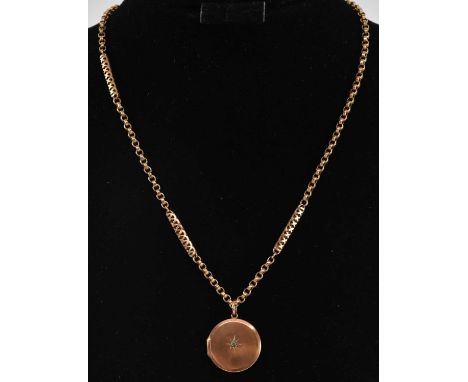A 9ct yellow gold belcher link necklace, length approx 44cm, suspending a 9ct yellow gold circular diamond set locket pendant