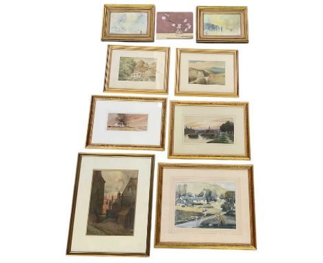 Nine assorted prints, watercolours and oils, comprising a rural scene by W S Carlton, 17.5 x 31cm, framed and glazed, a furth