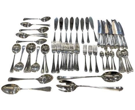 A quantity of modern silver plated flatware including table forks, tablespoons, table knives, dessert forks, dessert spoons, 