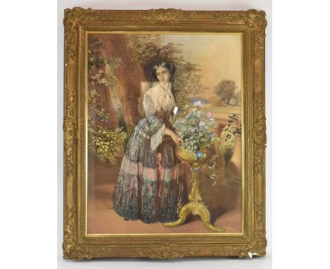 N C SCHILLER; a mid 19th century watercolour, portrait of a lady amongst flowers and gardens, signed lower right and dated 18