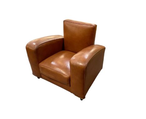A modern brown leather upholstered Art Deco style armchair, width 91cm, depth 75cm.