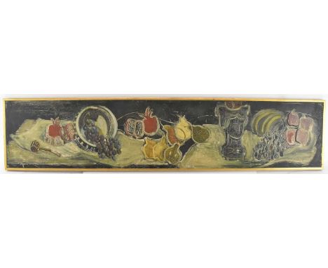 PELOUSE; an early 20th century rectangular oil on board, still life of fruit, 25.5 x 122cm, framed.