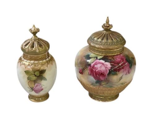 ROYAL WORCESTER; two early 20th century hand painted vases, the smaller painted by William Austin, height to top of cover 25c