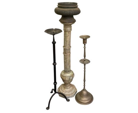 An early 20th century marble column jardinière stand, with bronzed metal planter top, height 97cm, a cast iron pricket candle