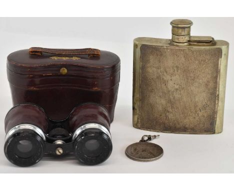 BRENTANO, PARIS; a cased pair of early 20th century opera glasses, a silver plated hip flask with engine turned decoration, 1