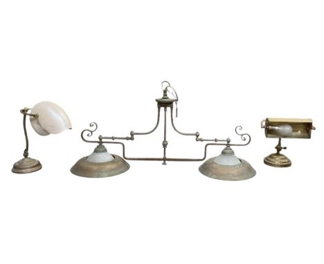An early 20th century Virginia Beren brass two branch snooker ceiling lamp and two early 20th century brass desk lamps, one w