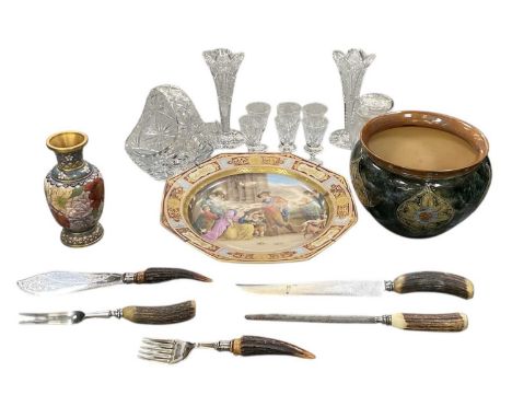 A group of mixed collectables comprising a Royal Doulton Lambeth jardinière of Art Nouveau style, on a mottled green base, he