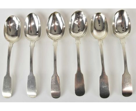 Six early 19th century Irish hallmarked dessert spoons, indistinct/rubbed hallmarks, initials 'W' or 'M' to the top of the ha