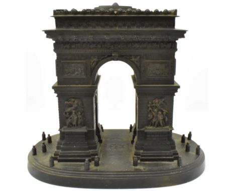 A 19th century Grand Tour library model depicting the Arc de Triomphe, cast in hollow bronze with patinated finish, the lid e