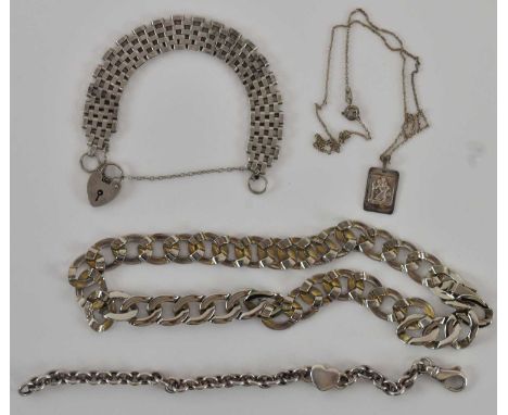 A 925 silver gate link bracelet, with padlock clasp, a further white metal belcher link bracelet, with love heart charm, leng