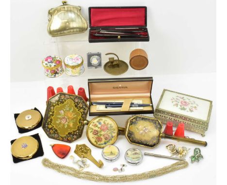 A collection of costume jewellery including necklaces, brooches, pendants, also various collectables including a silver plate