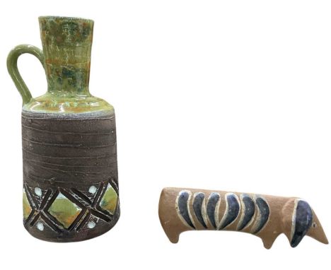 † LISA LARSON; a modern contemporary stoneware figure of a dachshund dog, length 14.5cm, and a Tilgmans Swedish stoneware jug