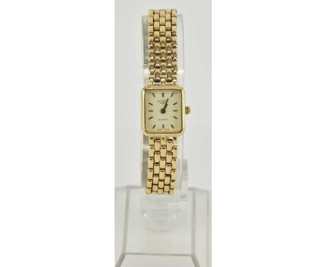 ROTARY; a lady's 9ct gold quartz watch, the square dial set with baton markers, on a five link 9ct gold bracelet strap, with 