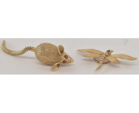 A 9ct yellow gold butterfly button brooch, set with a small ruby head, 2 x 3.5cm, and a yellow metal brooch modelled as a mou