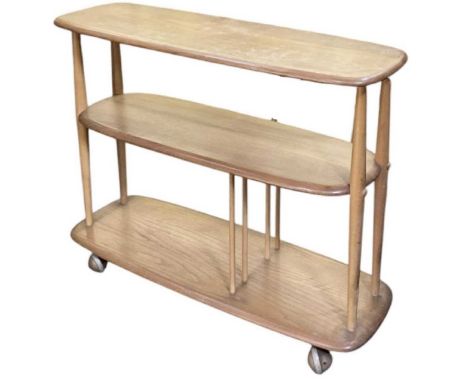 ERCOL; a mid century medium elm three tiered trolley, width 91cm, depth 32cm, height 71cm.