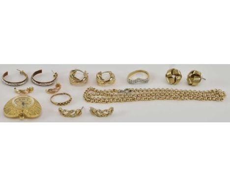 Two pairs of yellow metal earrings, combined approx 1.9g, also a yellow metal costume jewellery belcher link necklace, length