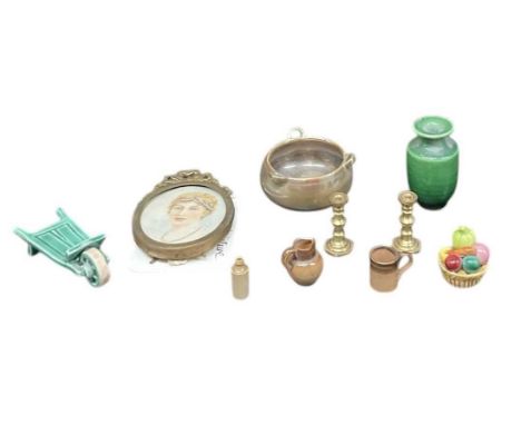 Nine pieces of assorted miniature doll's house furniture, including a stoneware jug and mug, a pair of brass candlesticks, a 