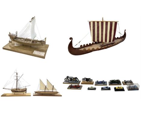 A modern kit built 1:78 scale boat, 'Oseberg Longship', on modern stand, length 86cm, a modern kit built 1:50 scale ship, 'Eg