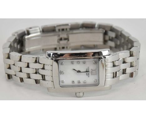 LONGINES; a lady's stainless steel 'Dolce Vita' wristwatch, the white rectangular dial set with white stone hour markers and 