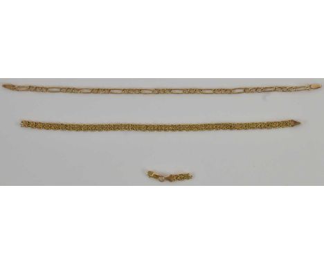 A 9ct yellow gold figaro link bracelet, length 18cm, and a further 9ct yellow gold flat link bracelet (cut), combined approx 