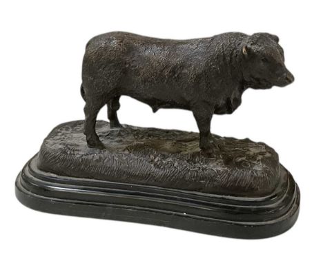 JULES MOIGNIEZ; a modern patinated bronze figure of a bull, raised on modern black marble plinth base, signed to the reverse,