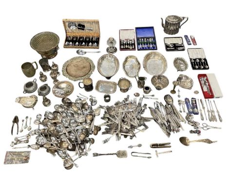 A large quantity of silver plated items, including teapot, rose bowl, oval platters, flatware, salt and peppers, tankard, cas