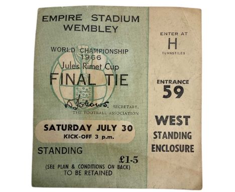 A 1966 World Cup Final Tie ticket, from Empire Stadium, Wembley for the Jules Rimet Cup, Saturday July 30th 1966, for entranc