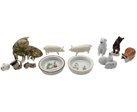 BESWICK; two white glazed ceramic figures of pigs, both height approx 7cm, length approx 16.5cm, a Winstanley figure of a rec